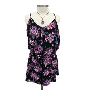 Womens Black Floral Romper Juniors Size 1X Sleeveless Boho Fairy Feminine Summer